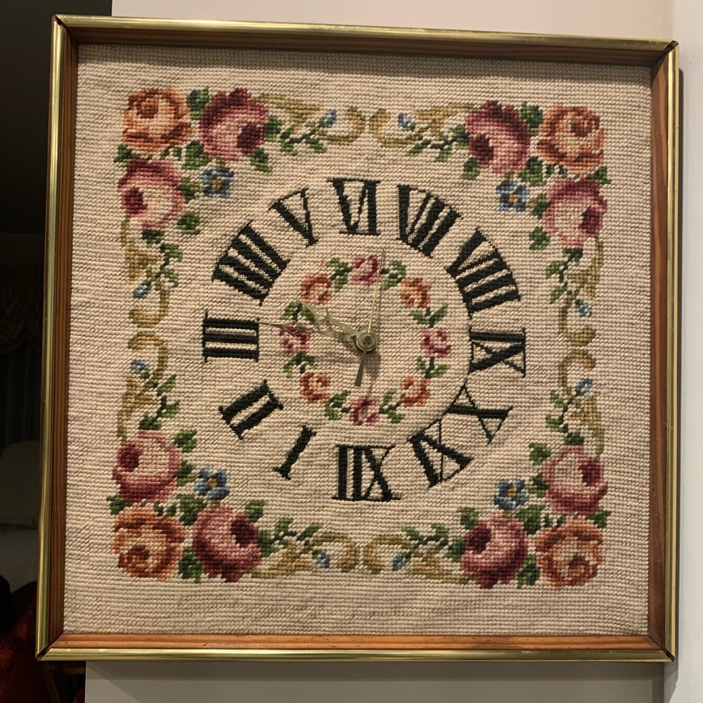 Vintage Needlepoint Square Wall Clock, Rose Tapestry Wall Art